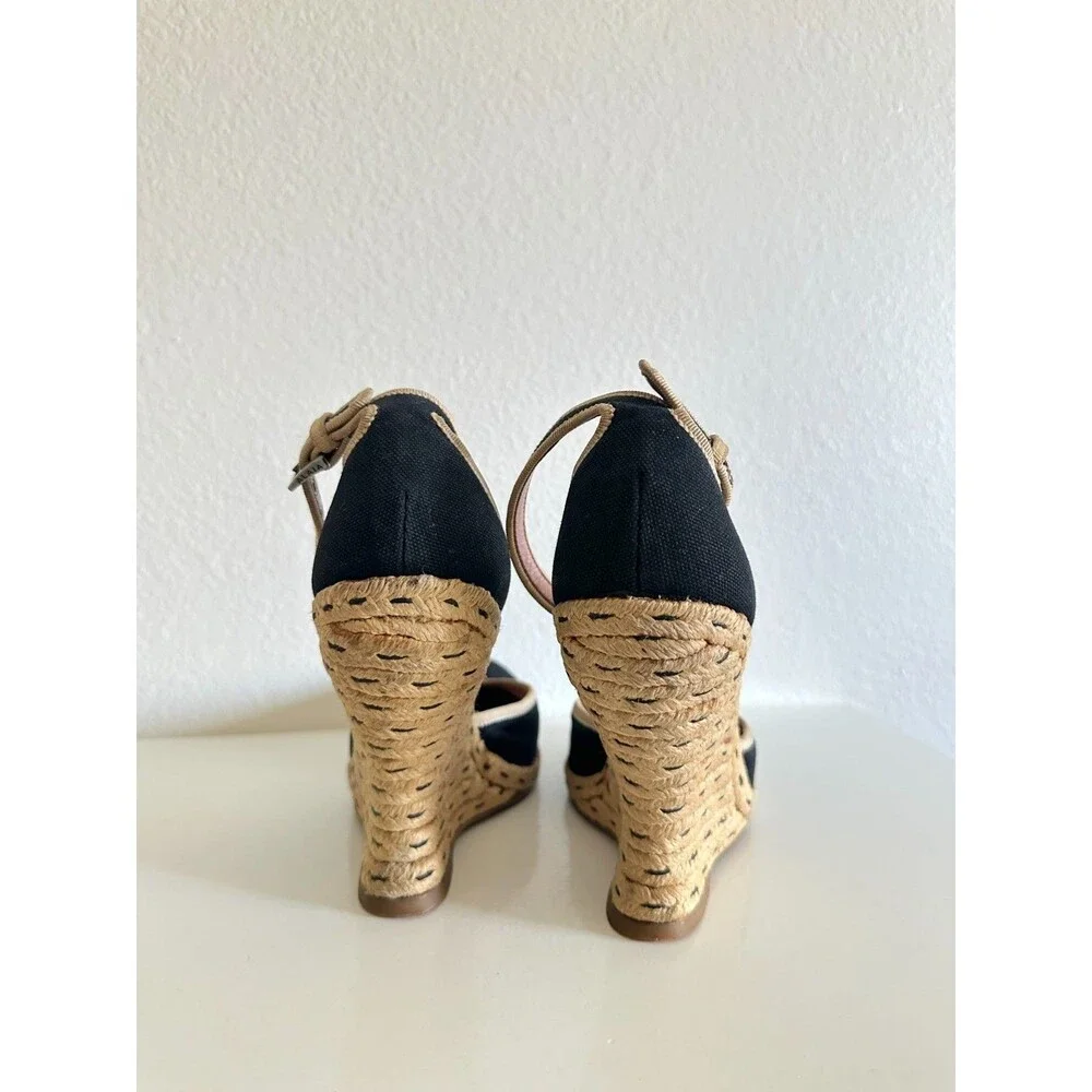 ALAIA Wedge Espadrille Sandals Canvas Almond Toe Ankle Strap Black Women's EU 38